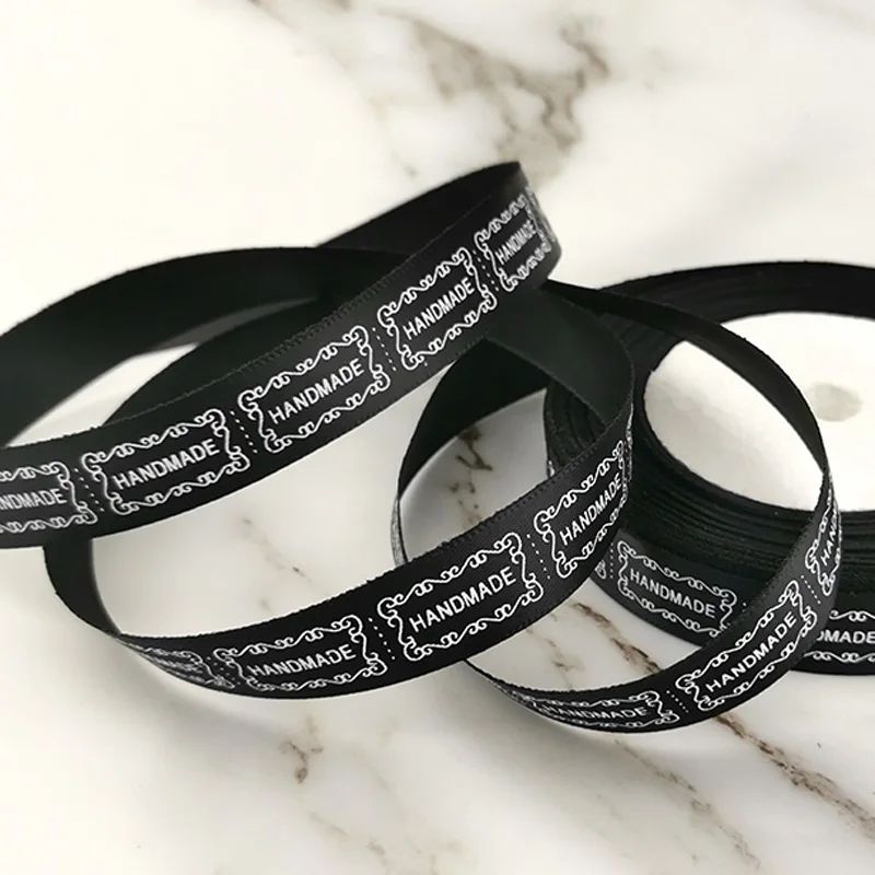 (25 yards/lot) 15mm White and Black Printed Satin Ribbon wholesale Pretty Packing Ribbons