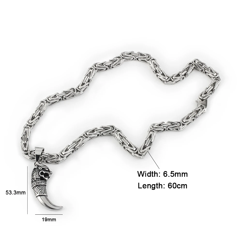 Men Rock Hip Hop Jewelry Stainless Steel 6.5mm Silver Color Wolf Teeth Pendant Emperor Chain Necklaces Gift for Men