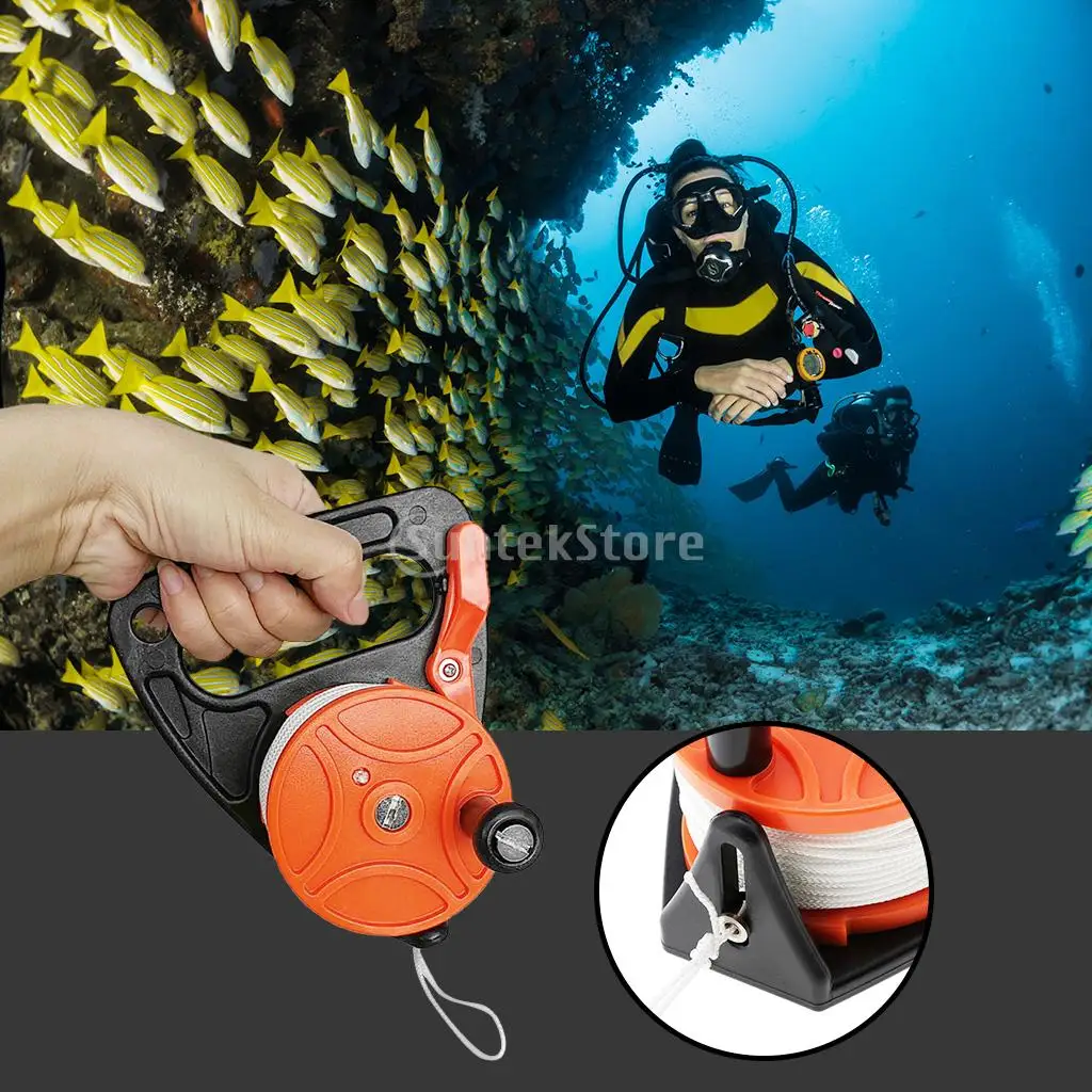 Black Plastic Compact Scuba Diving SMB Wreck Cave Dive Reel Kayak Anchor & Handle, Thumb Stopper, 150ft Line