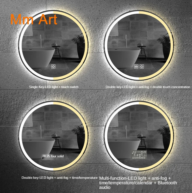 60CM Hand Washing Bathroom Wall Hanging LED Luminous Light Mirror round with Light Toilet Mirror Smart Anti-Fog Bathroom Mirror