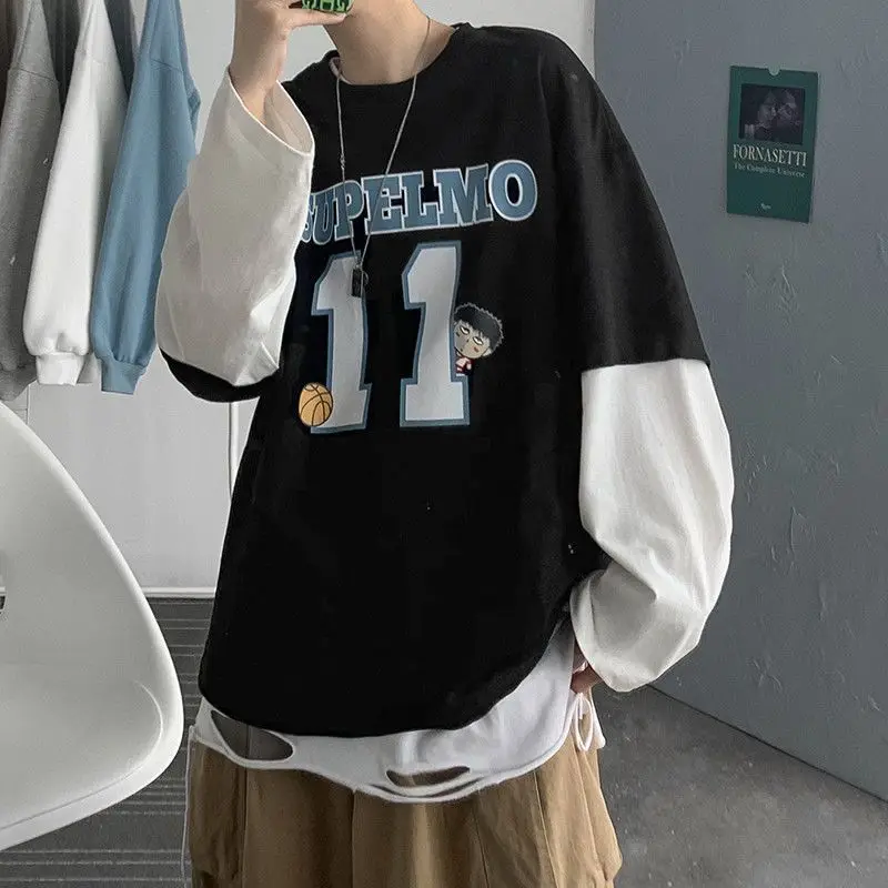 

2022 fake two-piece T-shirt men Hong Kong style Harajuku trend print long-sleeved top preppy hip hop versatile sports O-neck