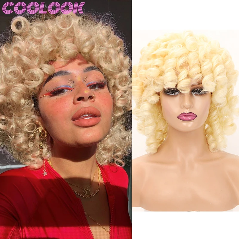 

12''Short Kinky Curly Blonde Wigs for Black Women Afro Deep Curly Golden Wig with Bangs Synthetic Natural Brown Ginger Curls Wig