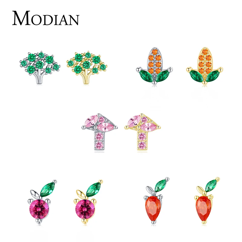 Modian 1 Piece Simple Cute Vegetable Fruit Earrings Real 925 Sterling Silver Colorful Tiny Stud Earrings For Women Girls Jewelry