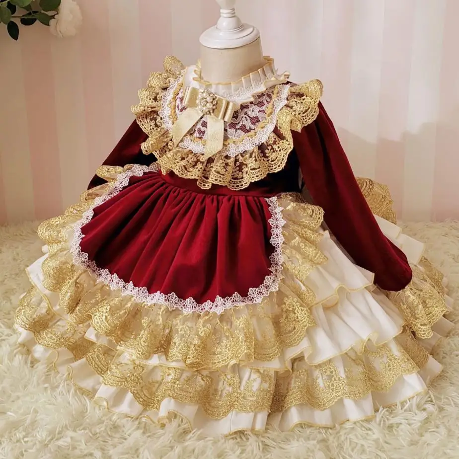 

Spanish court style baby girl velvet princess kids lace stitching party birthday ball gown dress