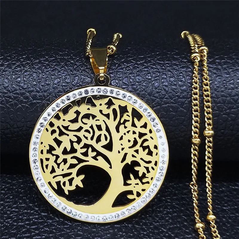 Mode Baum des Lebens Edelstahl Halskette Gold Farbe Kristall Anhänger Halsketten Elegante Frauen Mädchen Schmuck Geschenke N76S01 – Detail 2