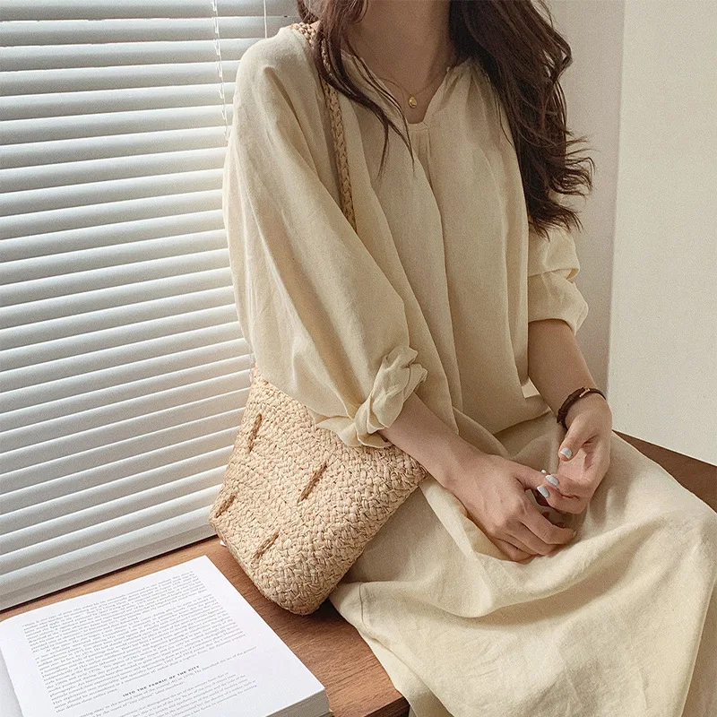 100% Cotton Women Dress Casual Solid V-Neck Long Sleeve Spring Autumn Maxi Long Dresses For Women Comfortable Homewear