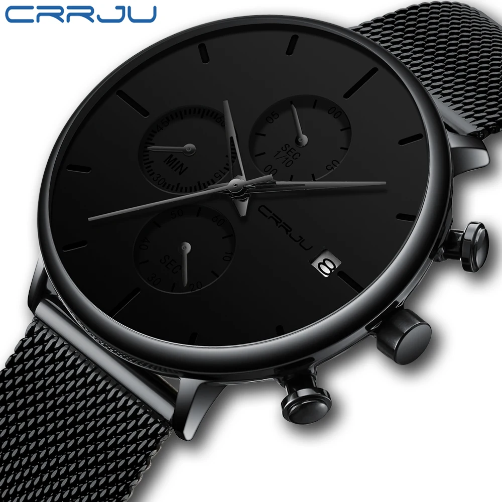 CRRJU Fashion Watch Men Waterproof Slim Mesh Strap Minimalist Wrist Watches For Men Quartz Sports Watch Clock Relogio Masculino