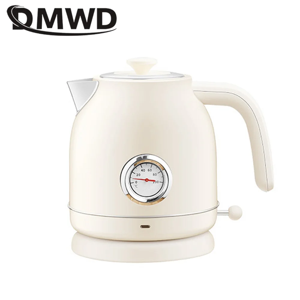 DMWD Household Retro Kettle Electric Water Boiler 1.7L Heating Pot  304 Stainless Steel Tea Pot Potable Coffee Pot Thermometer