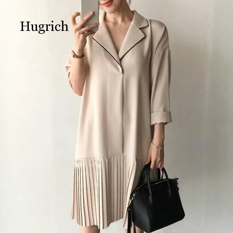 

New 2021 Spring Summer Women Dresses Vintage Notched Patchwork Fashionable Loose Elegant Pleated