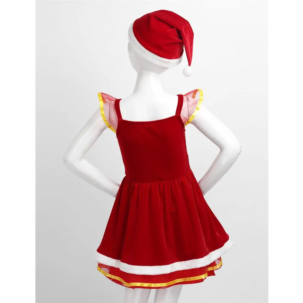 Bambini ragazze babbo natale Costume da ballo di natale morbido velluto ragazza principessa maglia Tutu abito da festa con cappello abiti di natale per bambini