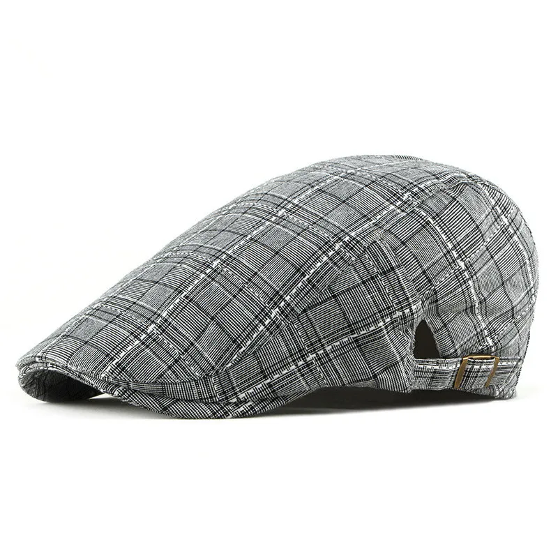 Spring Summer Newsboy Caps Men Plaid Cotton Flat Peaked Cap Women Painter Beret Hats 19