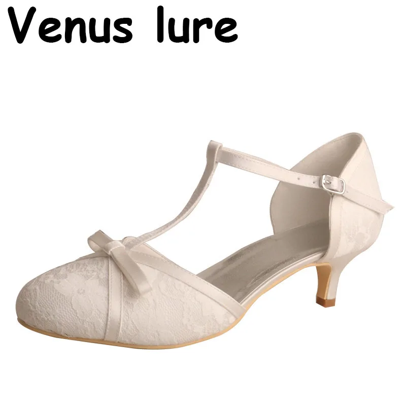 New Arrival Women Shoes Heel 5 cm with Lace White T-strap Round Toe Pumps