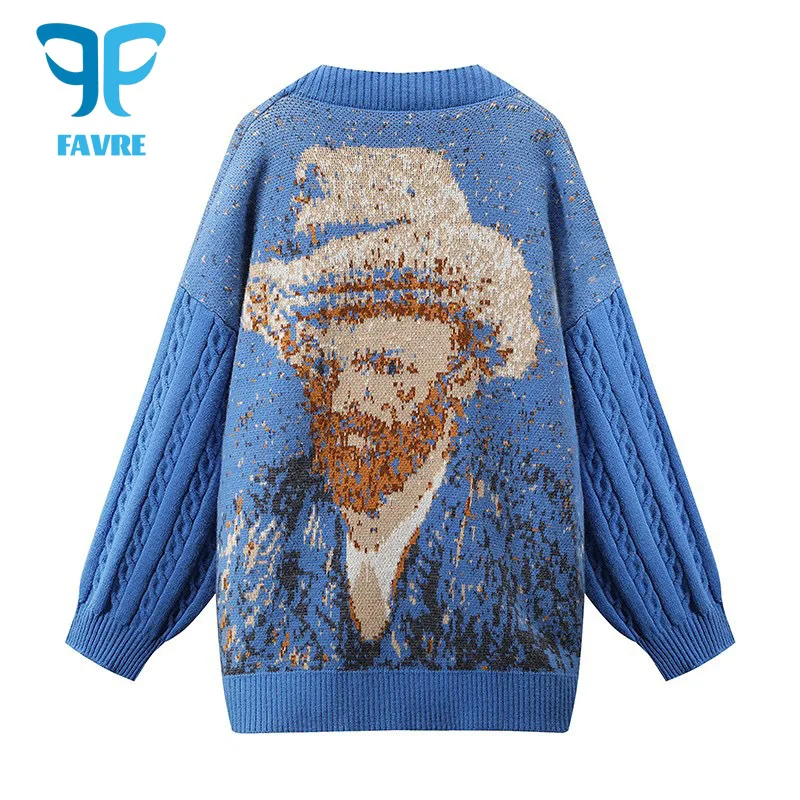 

FAVRE Knitted Cardigan Women Van Goth Oil Painting Sweater Autumn Winter Vintage Sweaters Jacket Fashion Female Clothing