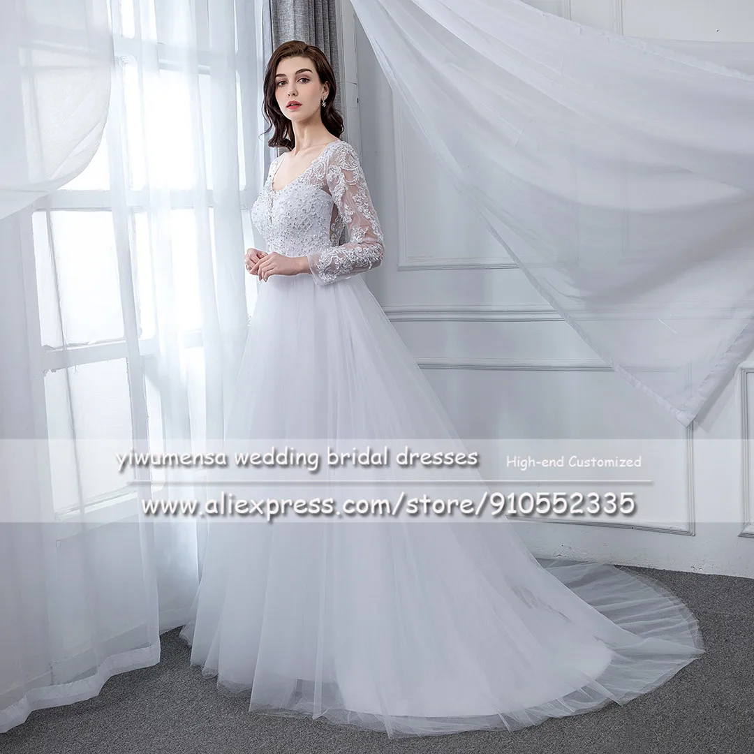 A20 Long Sleeves Tulle Beach Wedding Dress Simple Sexy Backless Bridal Gown Plus Size Romantic Lace Beaded Robe De Marriage 2020