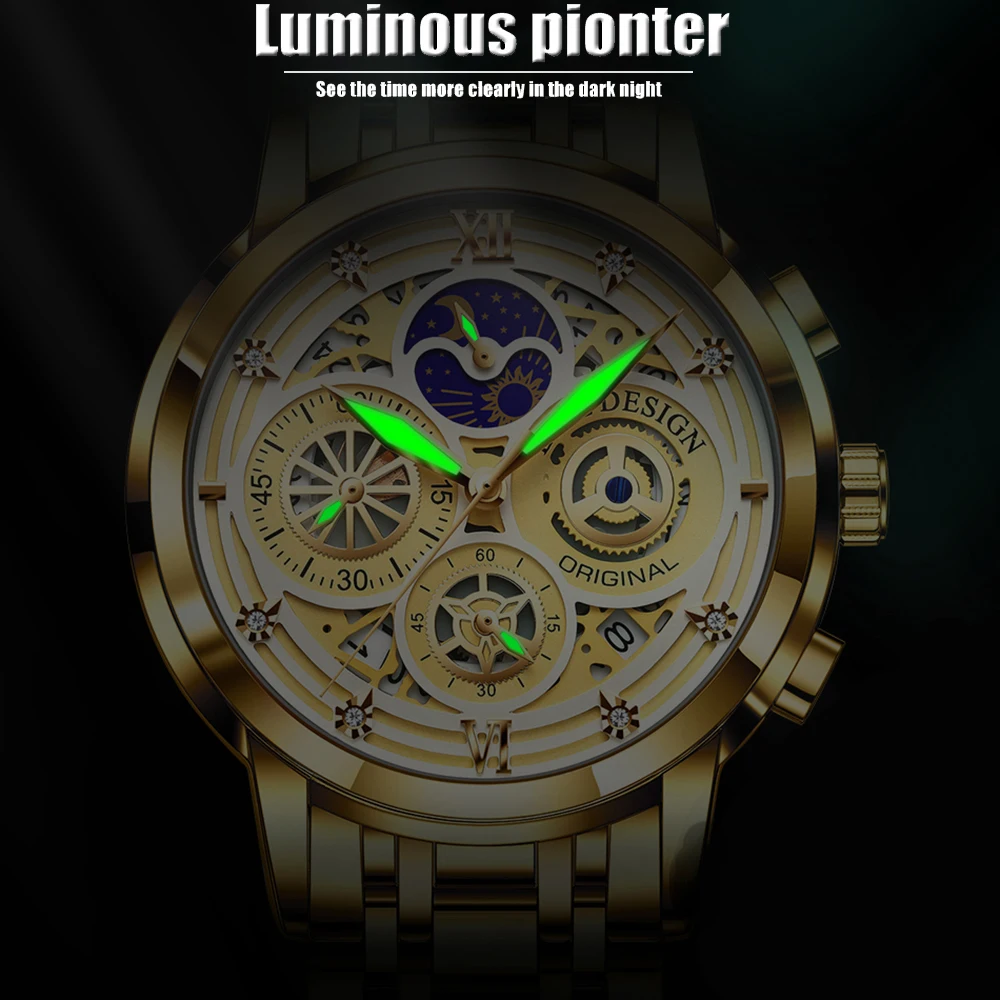 2023 New LIGE Sport Men Watch Top Brand Luxury Gold Stainless Steel Quartz Wrsit Watch Men Fashion Hollow Waterproof Chronograph