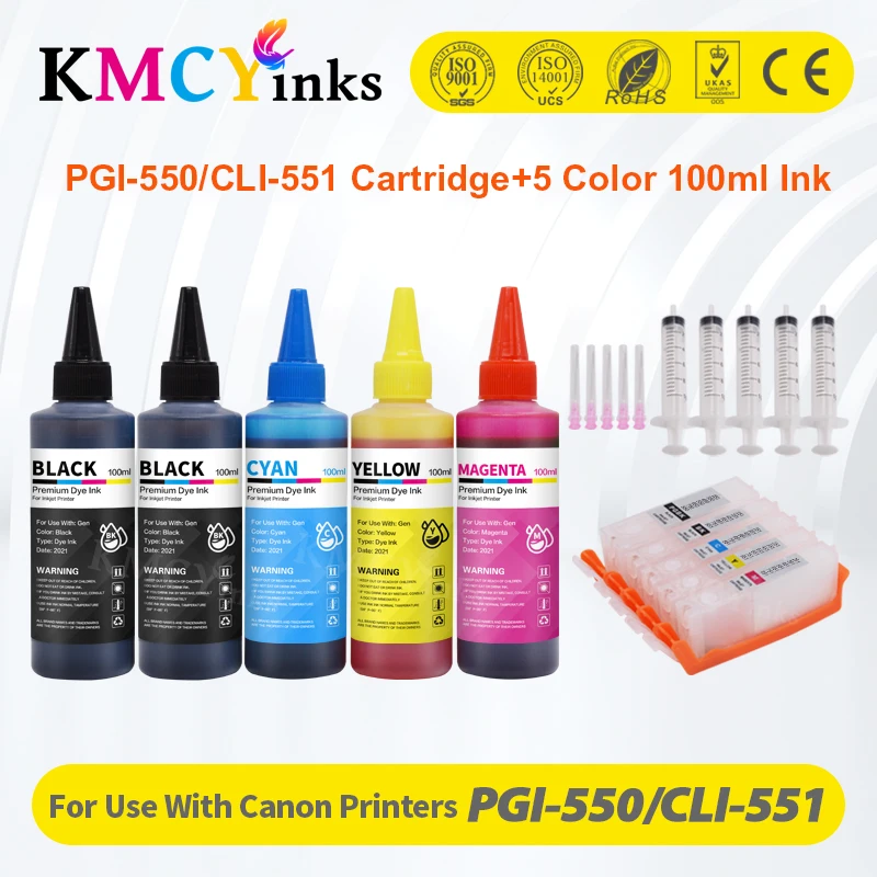 

KMCYinks Compatible PGI 550 CLI 551 refill ink kit For CANON pixma MG6350 MG7150 MG7550 IP8750 printer + 5 Color Dye Ink 100ml