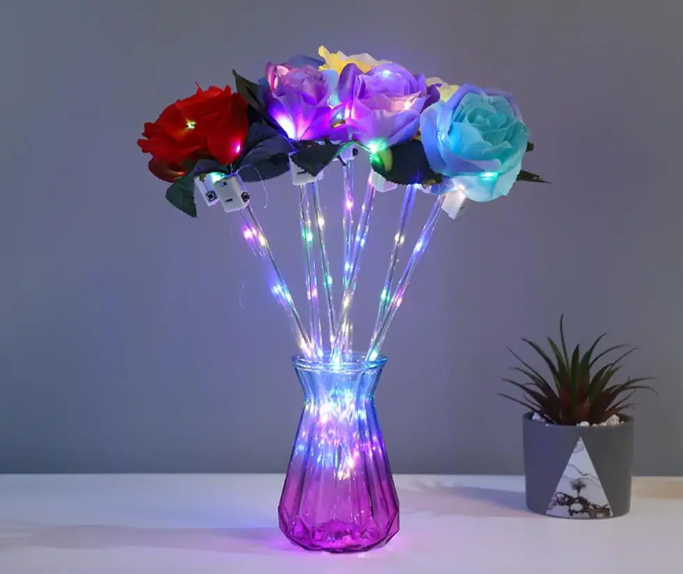 

LED Light Up Bouquet Flowers Flashing Glowing Rose Wand Sticks Wedding Decor Valentine's Day Party Memorial Gift 10pcs/lot