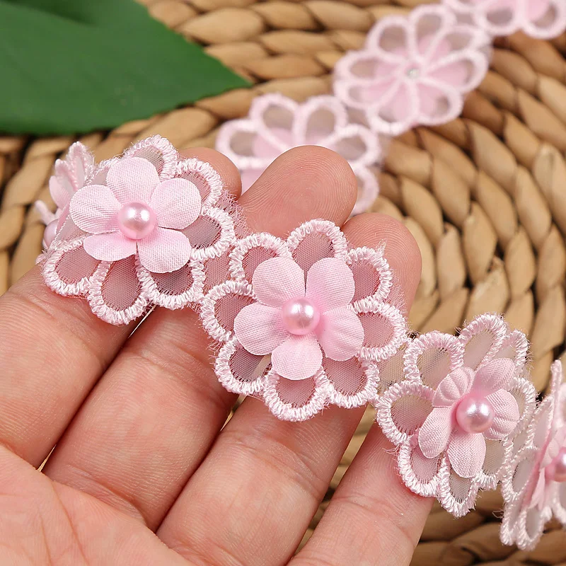 

20Yards 30mm Flower Pearl Embroidery Lace Trim White Pink Applique Patch Ribbons Dress Sewing Garment Accessories