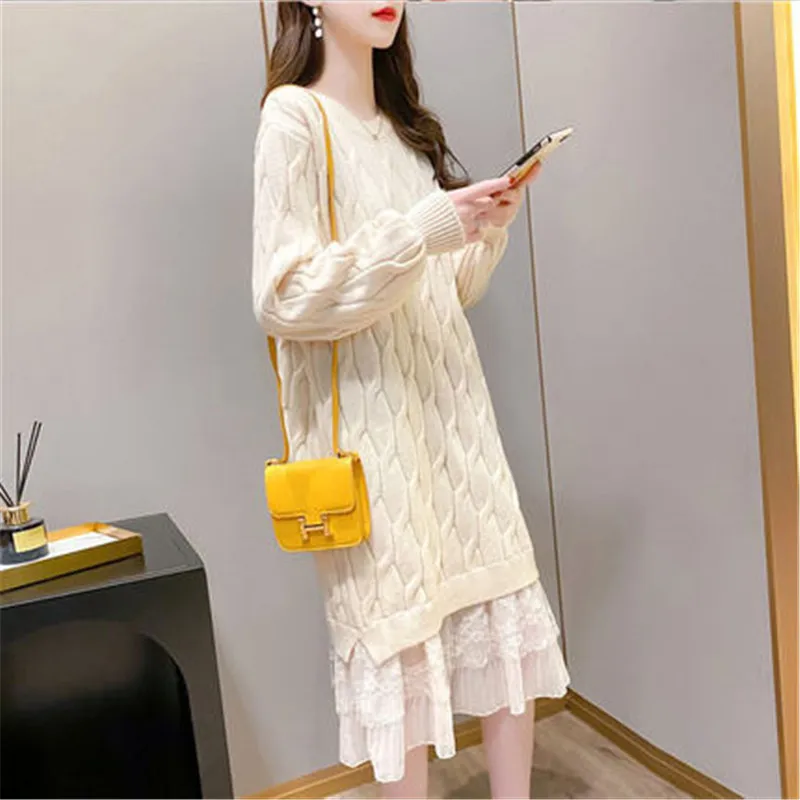 

Women's Medium Length Woolen Dress Autumn Winter Solid Color Mesh Hem Stitching Knitted Bottomed Skirt Long Sleeve Dresses A736