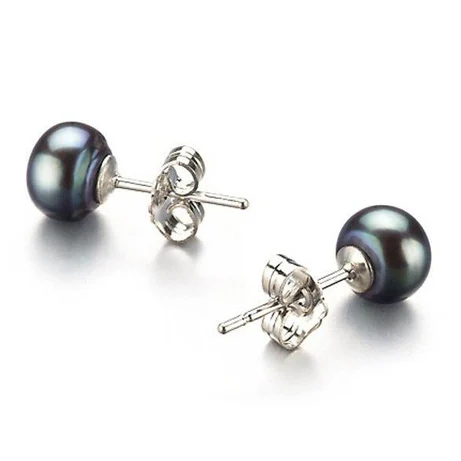

925 Silver 7mm Black Color Exquisite Genuine Natural Freshwater Pearl Stud Earrings Fine Jewelry Hot Cheap Sale For Young Women