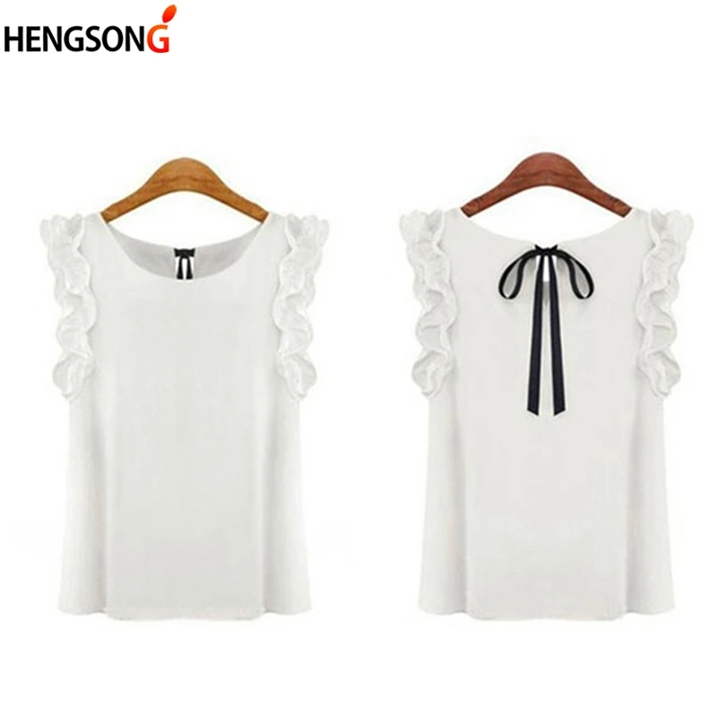 Women Blouse Tops Summer Fashion Lotus Leaf O-Neck Casual Shirt Ladies Bow Tie Chiffon Blouse White Tops 2023 New Women\'s Shirt