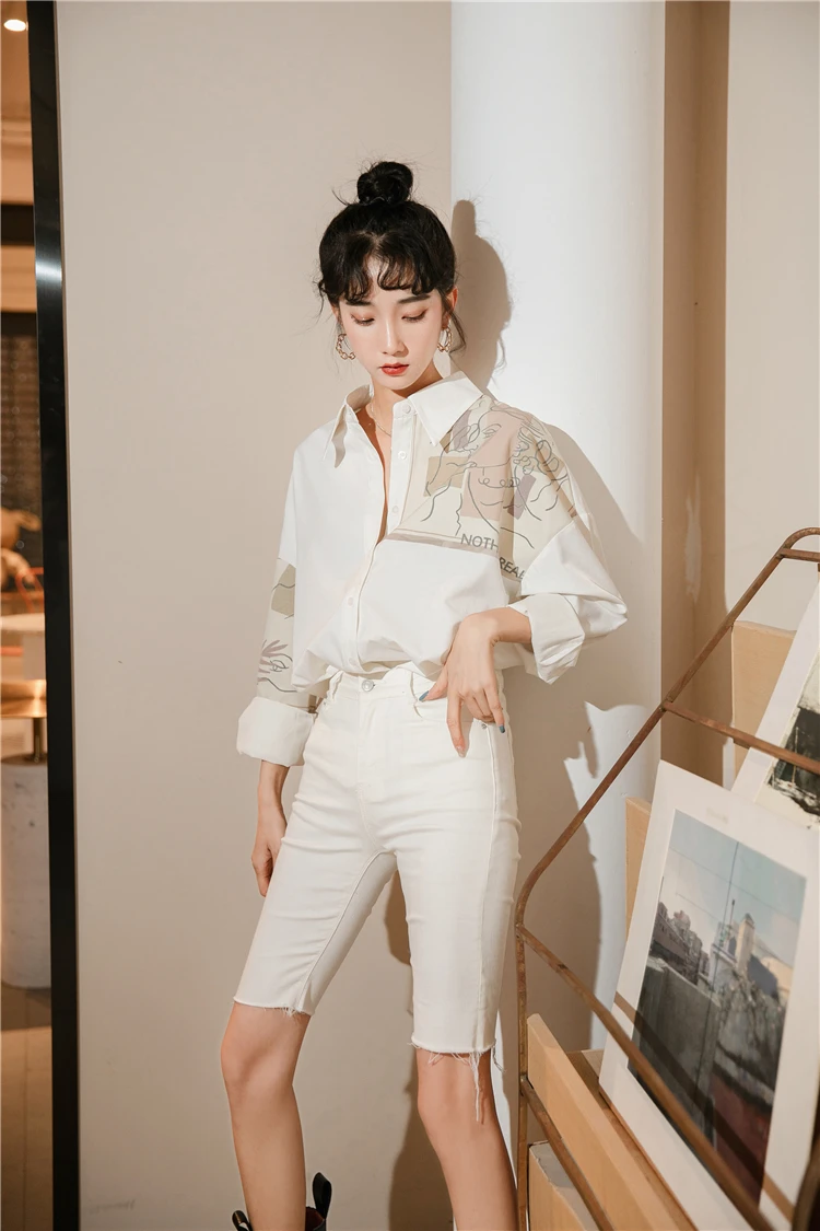 CHEERART Patchwork Long Sleeve Blouse Women 2020 Autumn Button Up Collar White Shirt Tops And Bloues Aesthetic Clothes