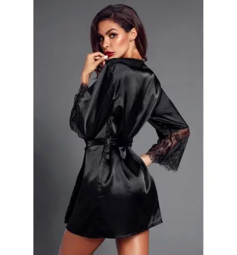 Summer Hot Sale Quarter Kimono Robe Women Fashion Sexy Solid Patchwork Lace Casual Sleepwear Sex V Neck Short Nightdress