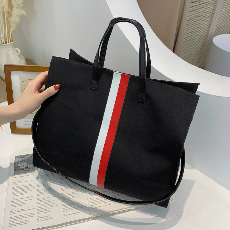 2021 New Fashionable Panelled Stripe Canvas Handbag and Shoulder Bag Large Capacity Women\'s Casual Tote Luxury Crossbody Bags