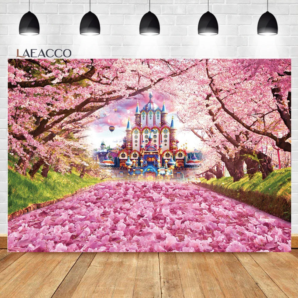 Latar Belakang Fotopanggilan Kastil Fantasi Sakura Merah Muda Laeacco Latar Belakang Fotografi Kustom Potret Baby Shower Ulang Tahun Anak Perempuan