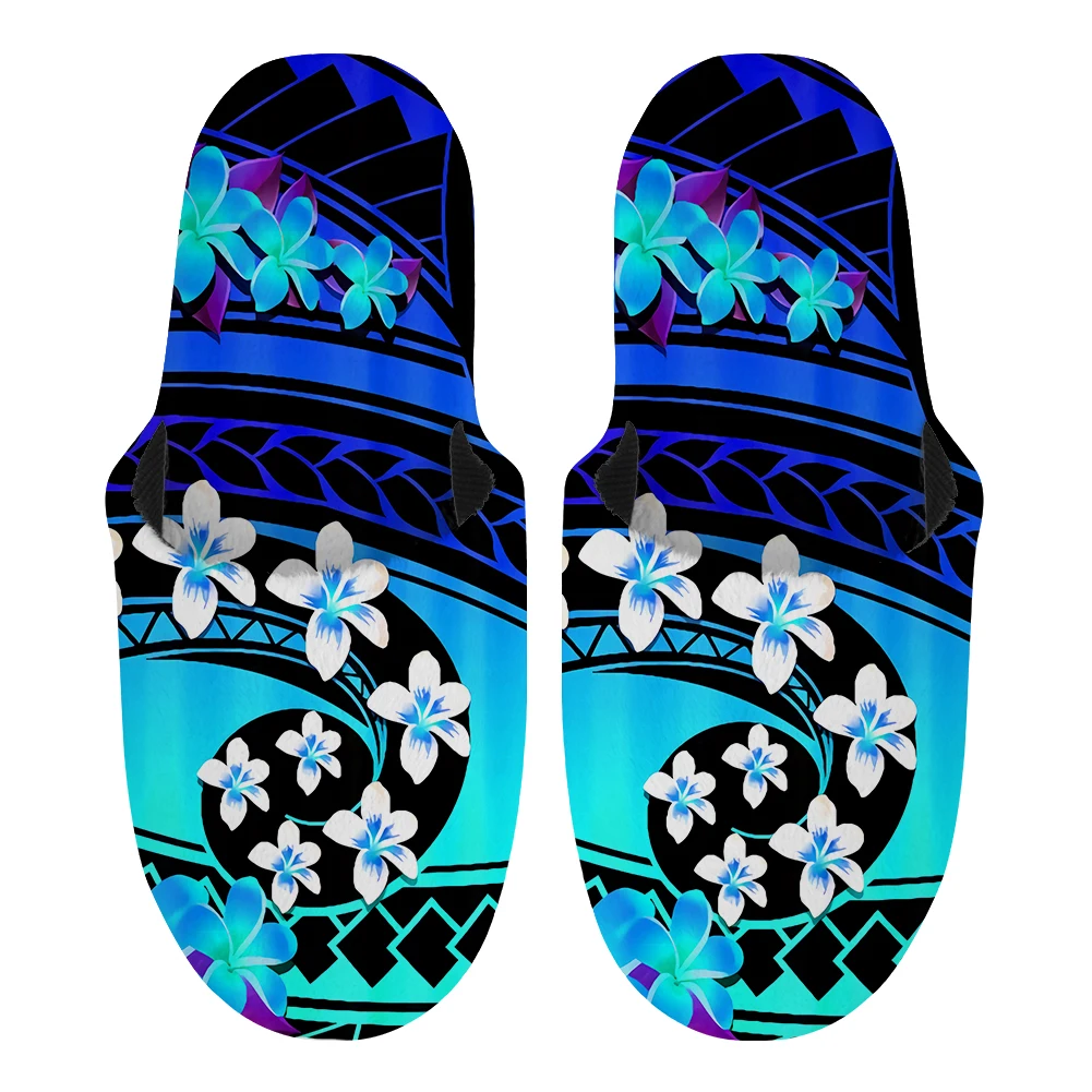 Noisydesigns Winter Mens Hawaii Polynesian Plumeria Slippers Cotton Soft Indoor Shoes Warm House Non-Slip Bedroom