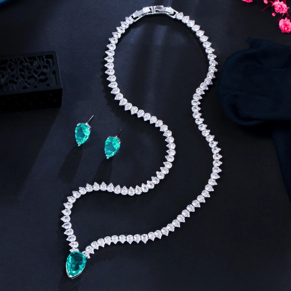 CWWZircons Elegante Große Hellgrüne Wassertropfen CZ Halskette Ohrringe Damen Verlobungsfeier Kostüm Schmucksets Großhandel T0773 – Detail 5