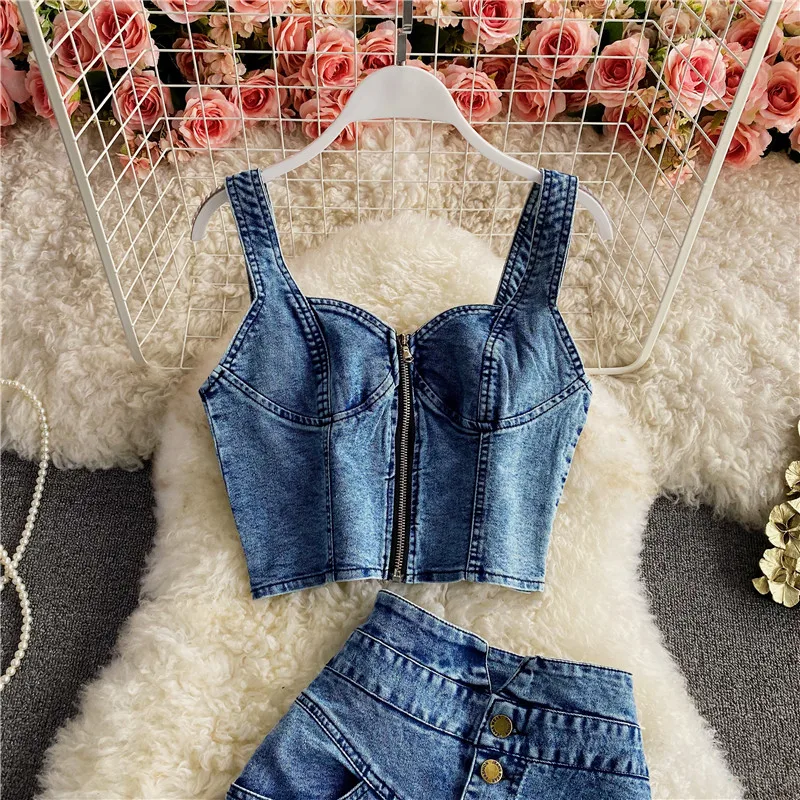 Amolapha Women Summer Denim Clothes Sets Strapless Strap Cowboy Camisole Tops+High Waist Split Jeans Mid-Length Skirts Suits