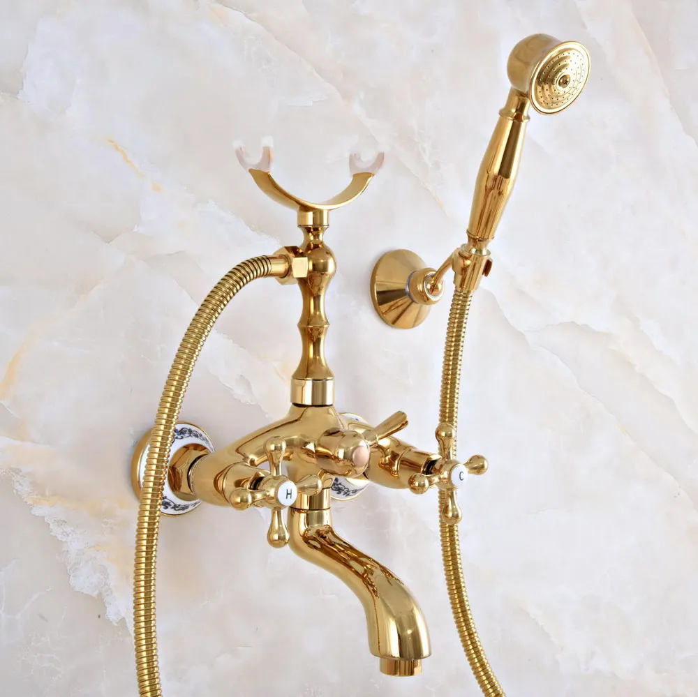 

Luxury Golden Brass Double Handle Wall Mounted Bathroom Bath Tub Faucet Set with 1.5M Hand Held Shower Spray Mixer Tap 2na950