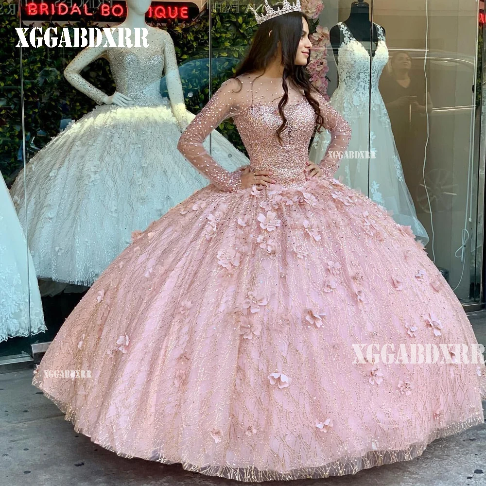 Vestido de noite quinceanera com mangas compridas, vestido de baile XV 3D flores, ouro rosa brilhante, Luxo, 15, 2024