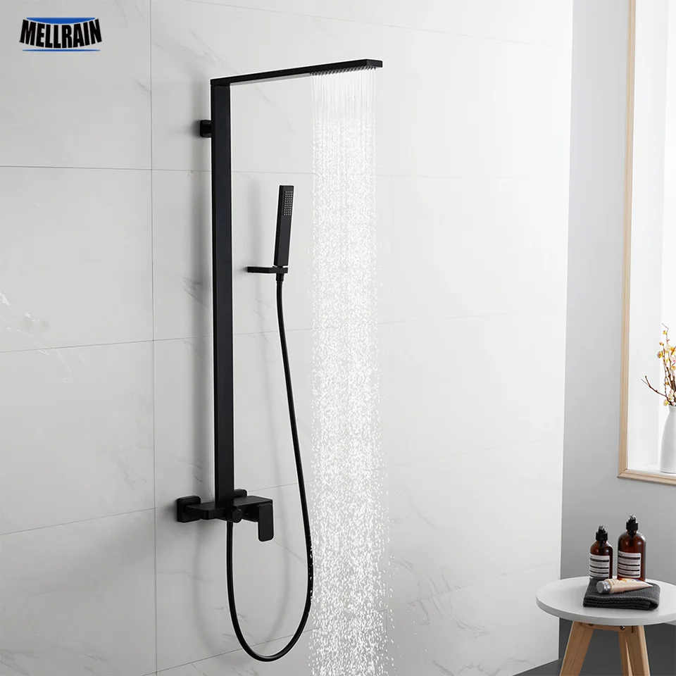 Minimal Design Black Bath Shower Set Solid Brass 3 Modes Bathroom Shower Faucet Square Rain Shower Head Kit.