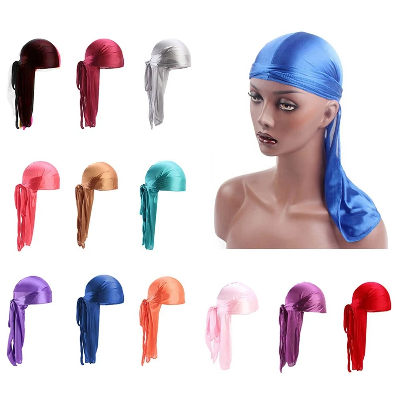 Lange Staart Zijden Sjaal Moslim Tulband Doo Rag Piraatpet Durag Chemo Caps Schedel Hoed Hoofddeksels Vrouwen Mannen Bandana Hoofddoek zomer