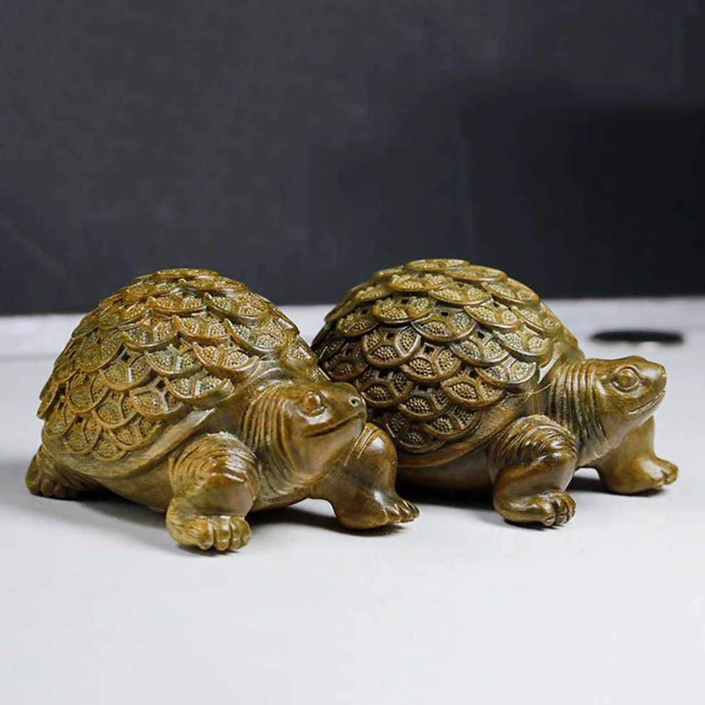 Green sandalwood carved gold money turtle ornament, Animal statue hand-held toy, home Feng Shui Ornaments, Wood carving crafts