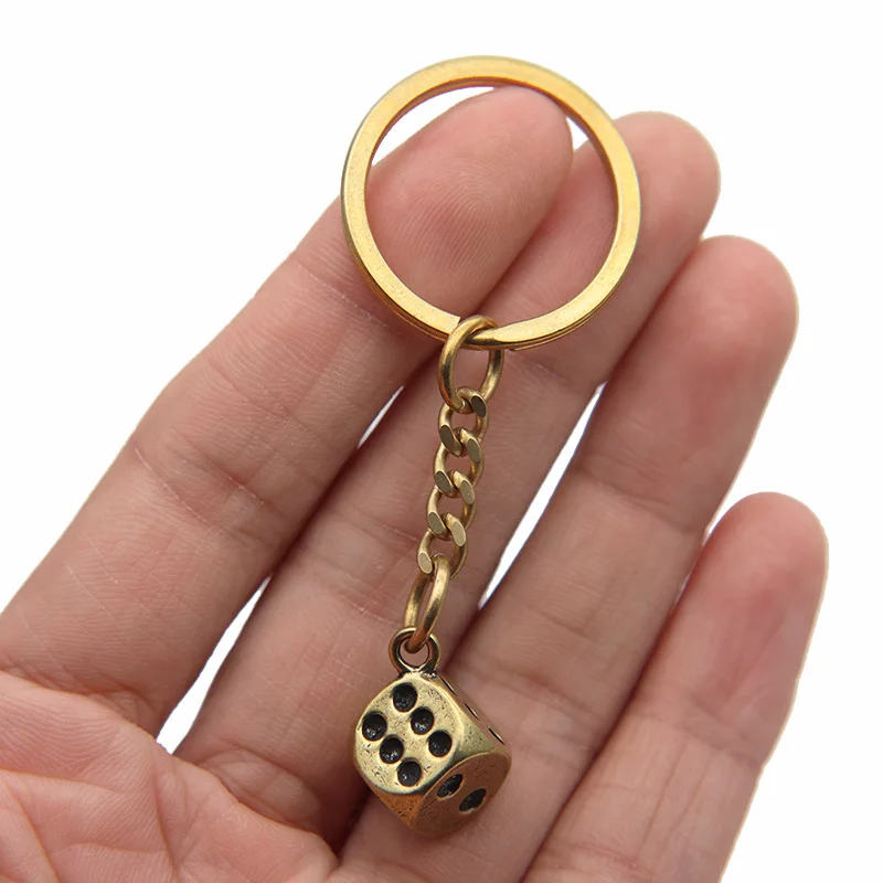 Brass Dice Key Chain Pendants Vintage Punk Men Club Bar Drinking Playing Game Dice Tool Metal Keychain Car Key Ring Hanging Gift