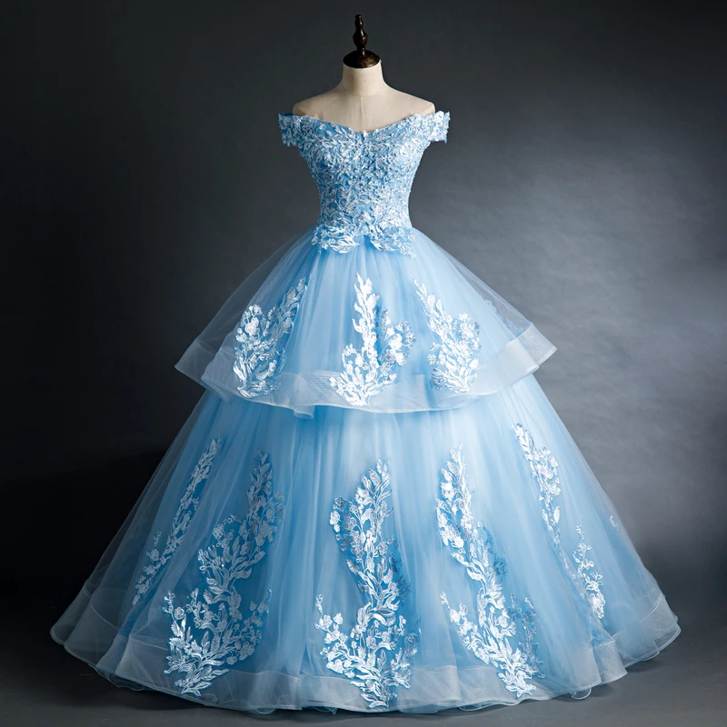 Luxury light blue lace embroidery Medieval dress Renaissance royal princess queen Victoria ball gown