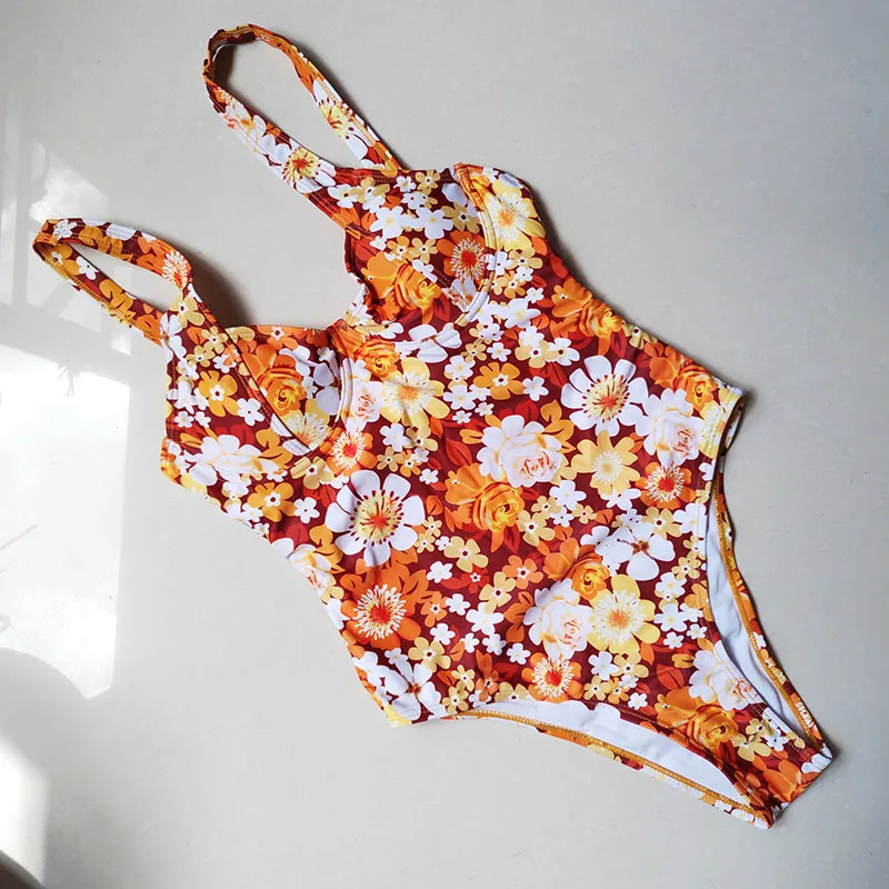 Floral Printed One Piece Swimsuit Women Swimwear High Cut Monokini High Waist Bathing Suit Sexy Underwired Bodysuit Beach Wear