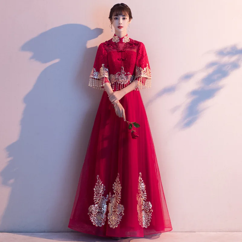 

Burgundy Long A-line Tulle Toast Clothing Women Chinese Style Mandarin Collar Appliques Formal Wedding Party Gowns Vestido