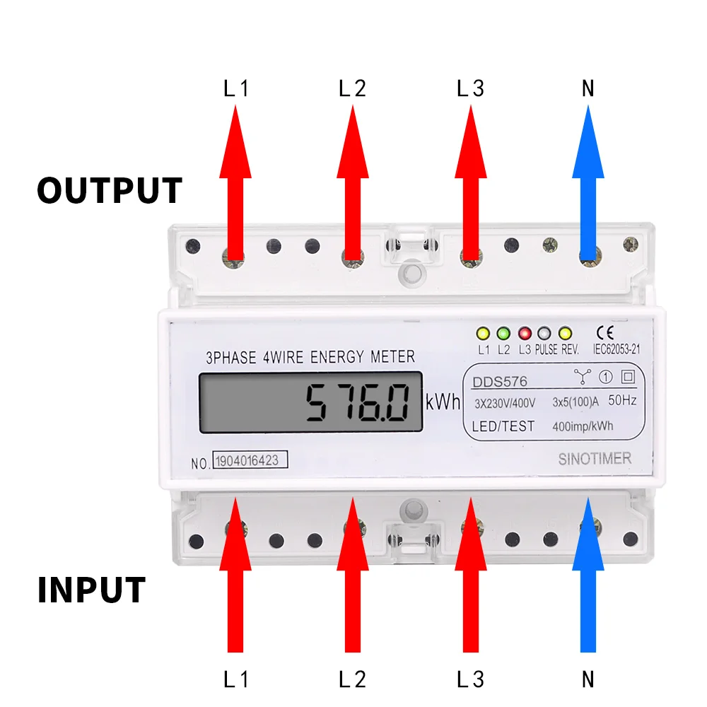 Three Phase 4 Wires Digital Power Electric Electricity Meter kWh Power Consumption Monitor DIN Rail Mount AC 380V 400V 100A 50Hz