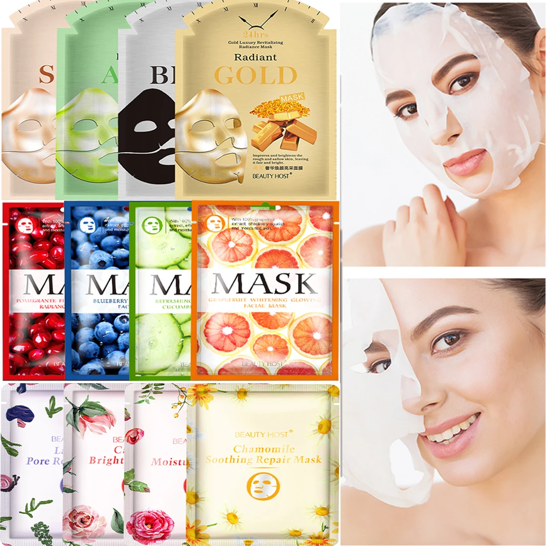 Face Mask Natural Fruit Plant Moisturizing Oil-Control Blueberry Cucumber Rose Binchotan Aloe Snail Sheet Facial Masks Skin Care