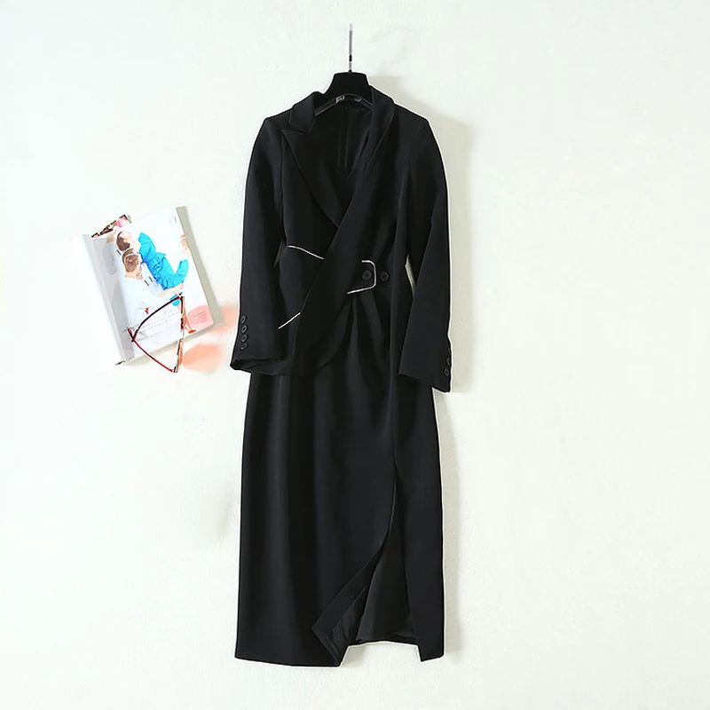 

High Quality Autumn Winter Designer Women's Elegant Turn-Down Collar Long Sleeve Split Mid-Calf Dress