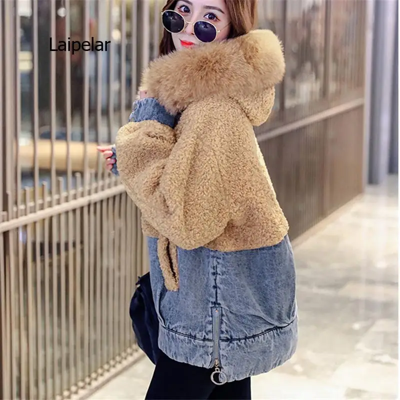 ฤดูใบไม้ร่วงแฟชั่นฤดูหนาวใหม่หญิงคาวบอย Plus กำมะหยี่หนาหนา Big Fur Hooded เย็บขนสัตว์ One Coat อินเทรนด์