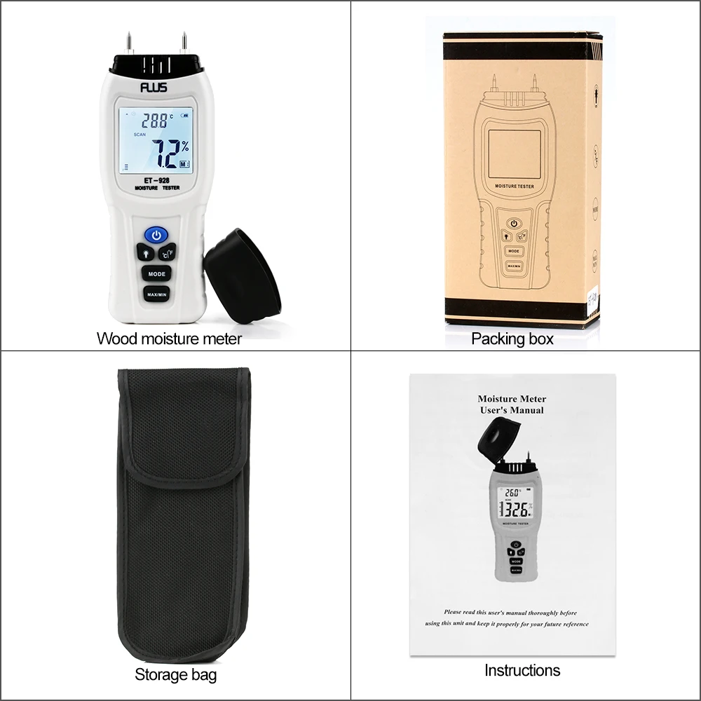 FLUS Portable Digital Wood Water Moisture Meter Thermometer Tester Tools Timber Hygrometer 0~99.9% Wood Moisture Meter