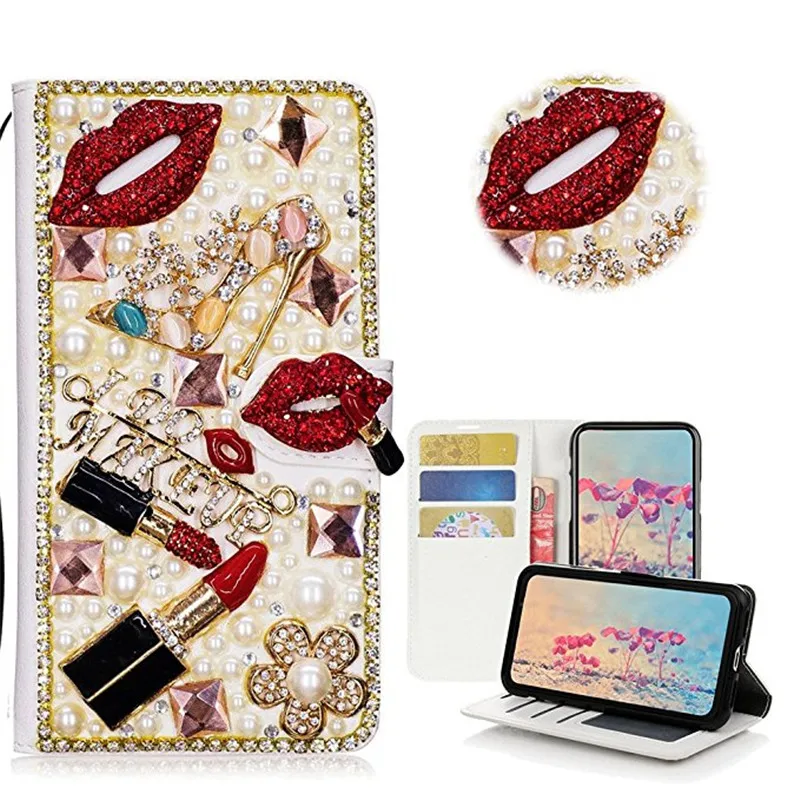 Lipstick Kiss Flower Handbag Diamond Flip Wallet Leather Case Cover For Samsung Galaxy Note 20 10 S23 S22 S21 S20 Ultra S10 Plus