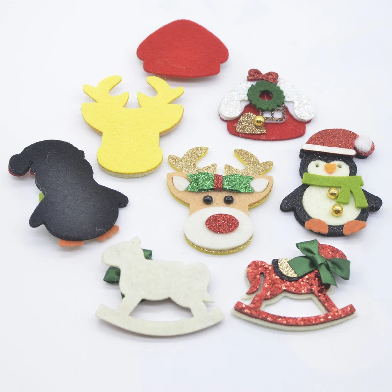 10Pcs ChristmasHouse Trojan Horse Deer Penguin Applique for DIY Clothes Hat Sticker Headwear Hair Clips Bow Accessories Patches