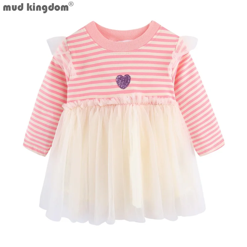 

Mudkingdom Cute Heart Toddler Girl Dress with Wing Tulle Long Sleeve for Girls Clothes Fluffy Stripe Kids Spring Autumn Dresses