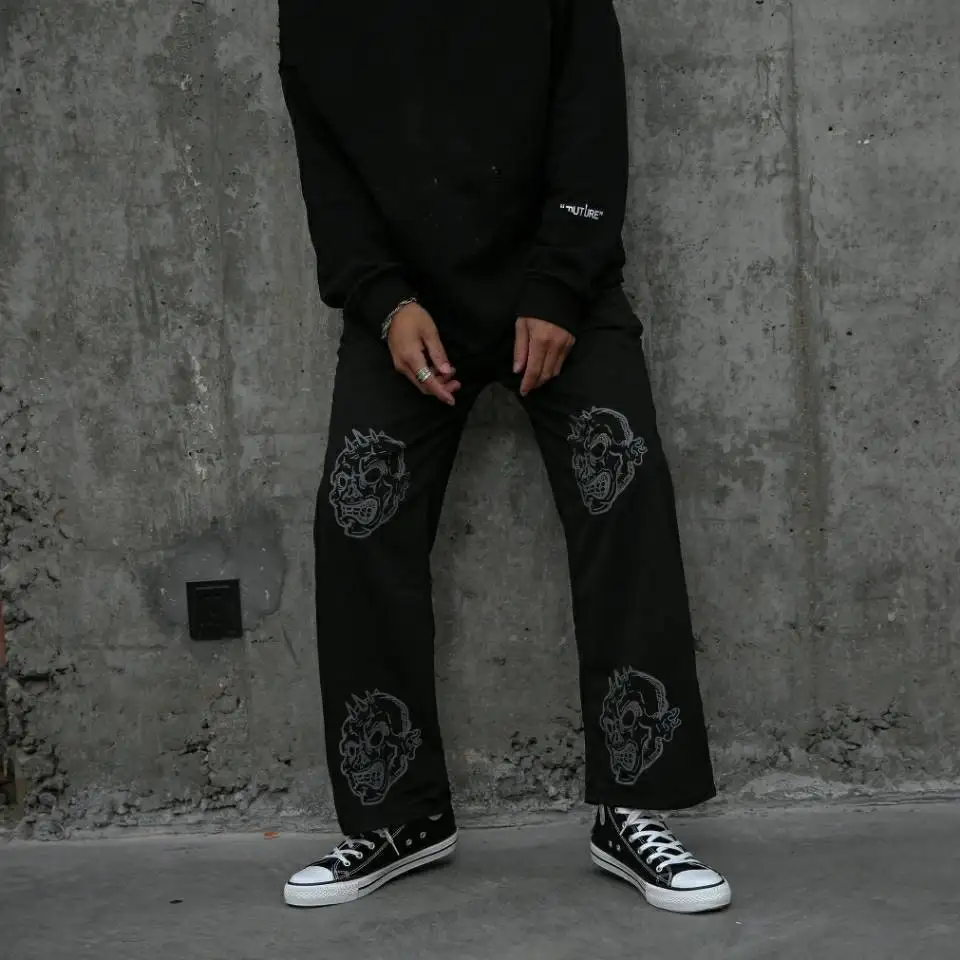 

ICCLEK 2021 New Casual Pants Men's High Street Retro Skull Print Straight Casual Wide-leg Pants Streetwear Men Mens Joggers